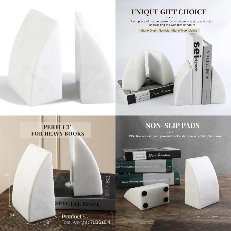

Marble Bookends for Shelves Large Bookends for Heavy Books Natural Stone Book Stopper for Books CD Movies Aesthetic Decorative