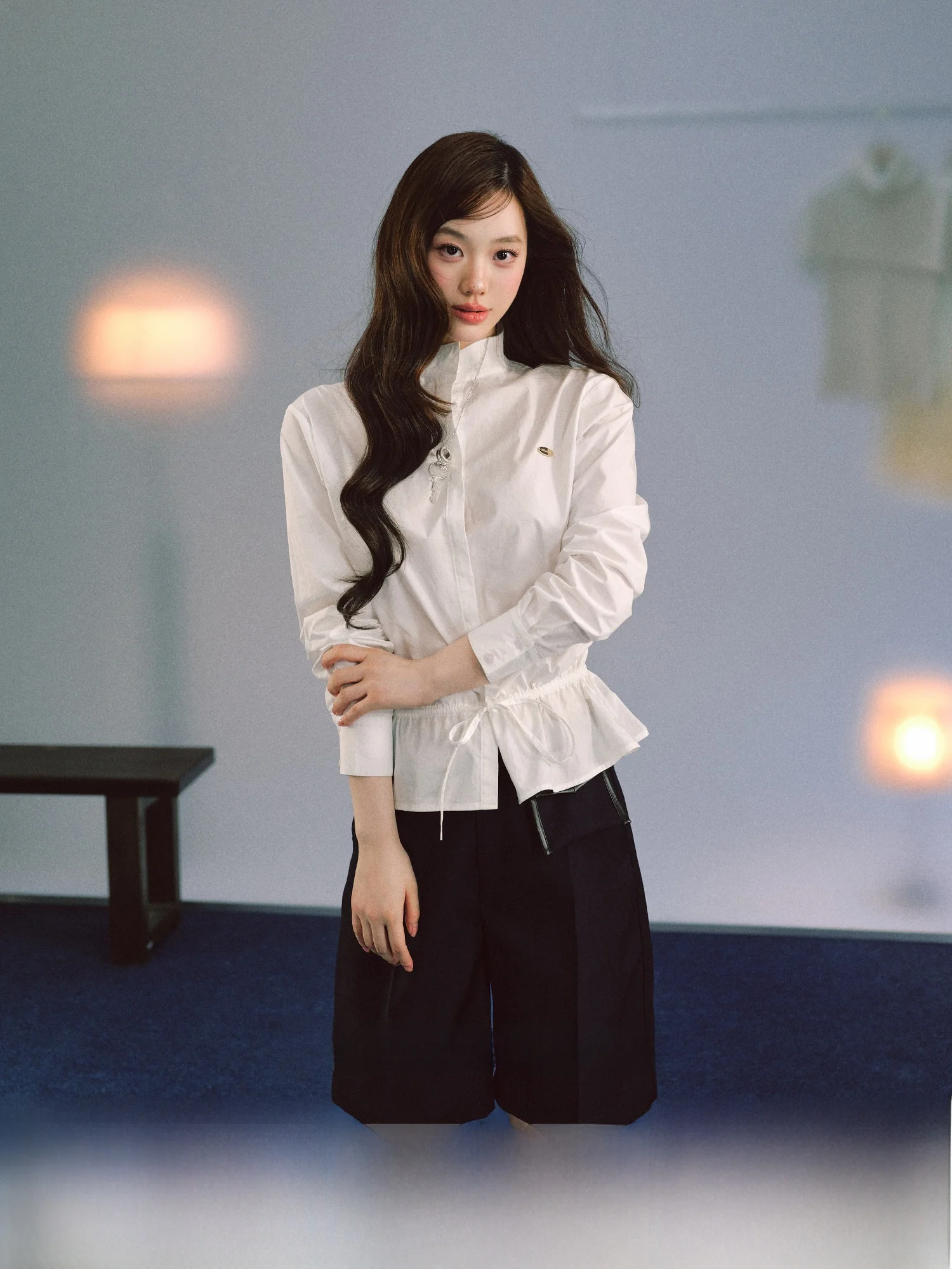 

LaluneDuCiel Art School Sister Pure Cotton Korean Sle Lazy Casual Dstring irt Women's Top Long Sve Stand Collar