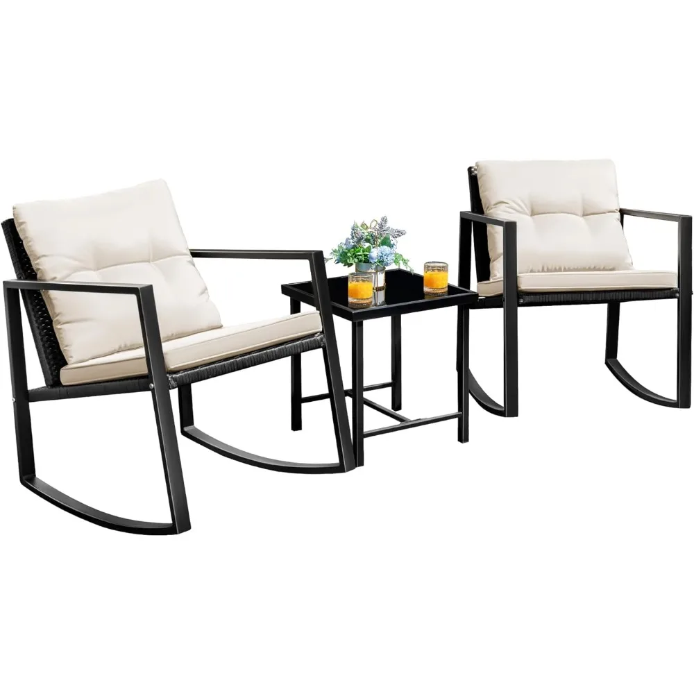 Patio Chairs 3 Piece Wicker Rocking Chair Outdoor Bistro Sets with Coffee Table and Cushions Metal Frame Patio Furnitur