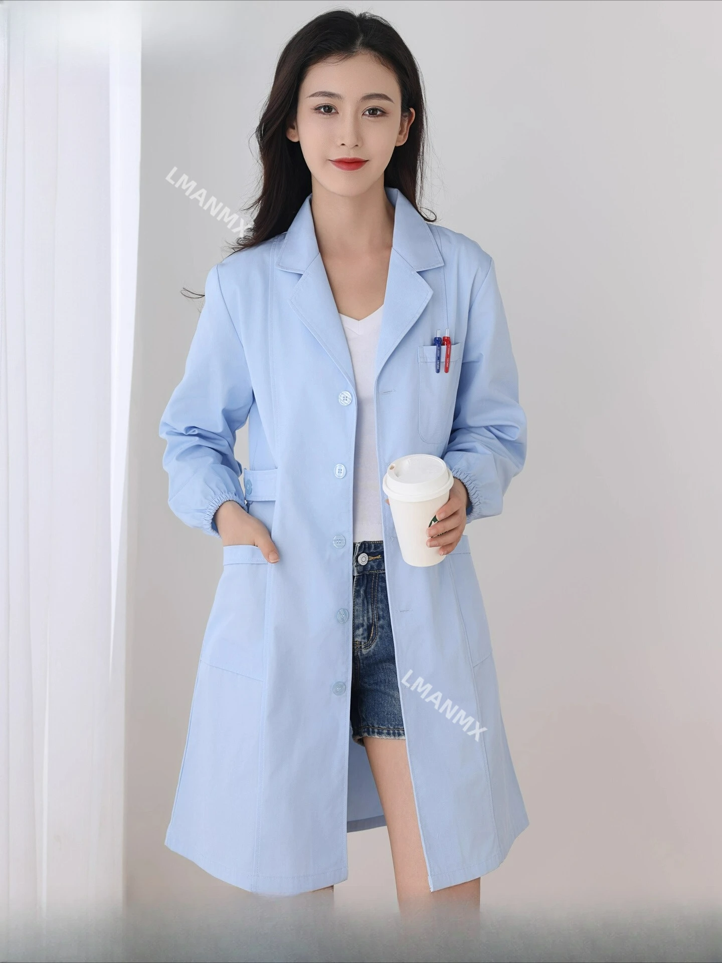 

Nurse's long sleeved women's autumn and winter thick blue coat, pharmacy dentist's work clothes, laboratory clothes, white coat