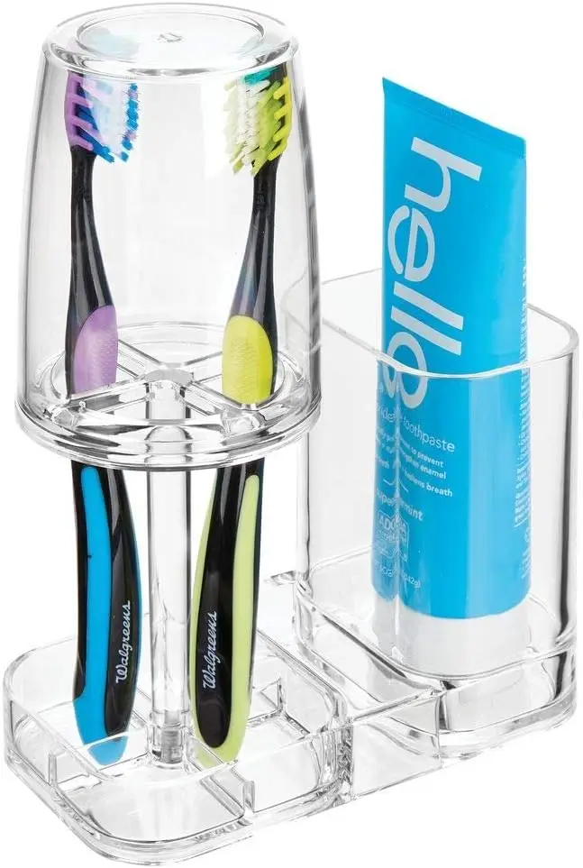 

Modern Plastic Bathroom Toothbrush Holder with Rinsing Cup - Countertop Stand for Electric Toothbrushes - Clear