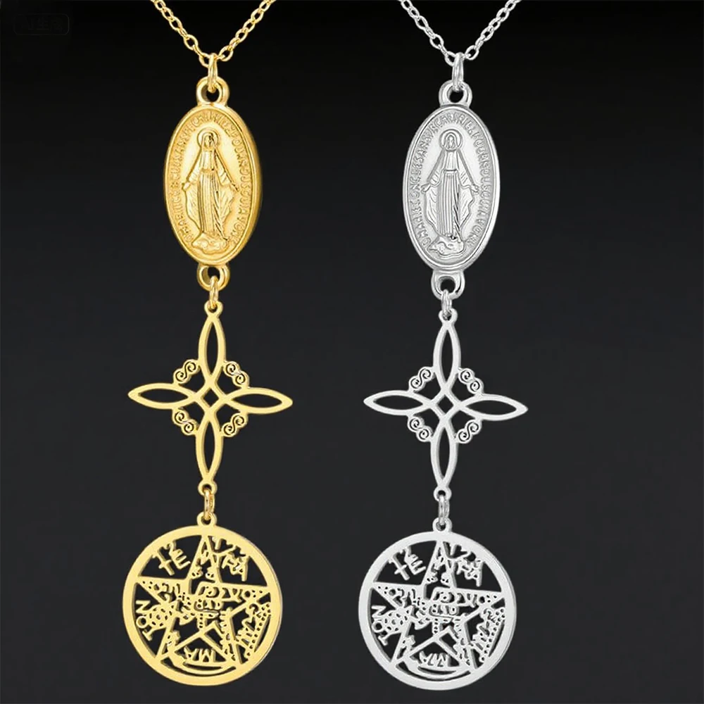 Triple Protection Necklace Virgin Mary Witch Knot Pentagram Tetragrammaton  Stainless Steel Double-side Jewerly