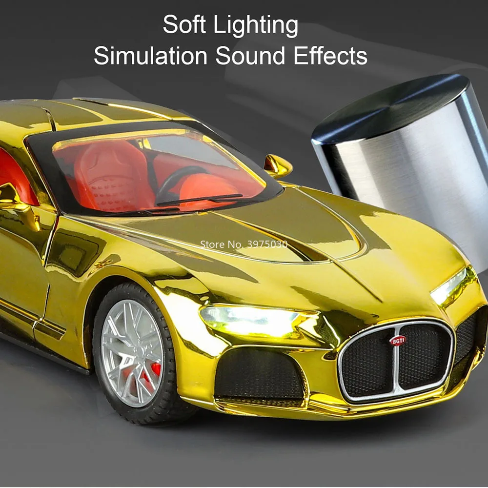 รถของเล่นบูกัตติแอตแลนติกอัลลอยด์ 1:24 รุ่นหล่อขึ้นรูป ยางยาง 3 ประตูเปิดได้ ซุปเปอร์คาร์ พร้อมระบบดึงหลัง ของตกแต่ง