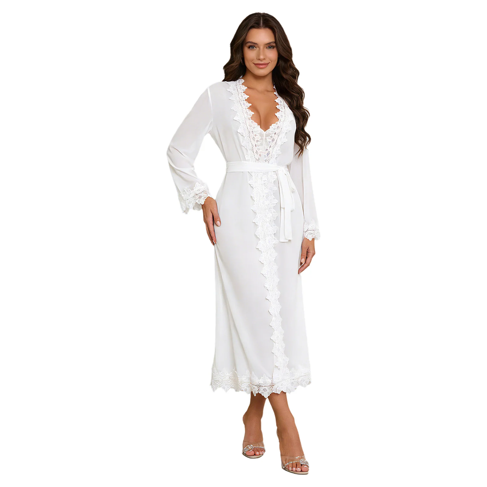 

Womens Floral Lace Nightgown Set Bride Wedding Night Gown Sexy Backless Satiny Sling Dress with Long Sleeve Mesh Robe And Belt