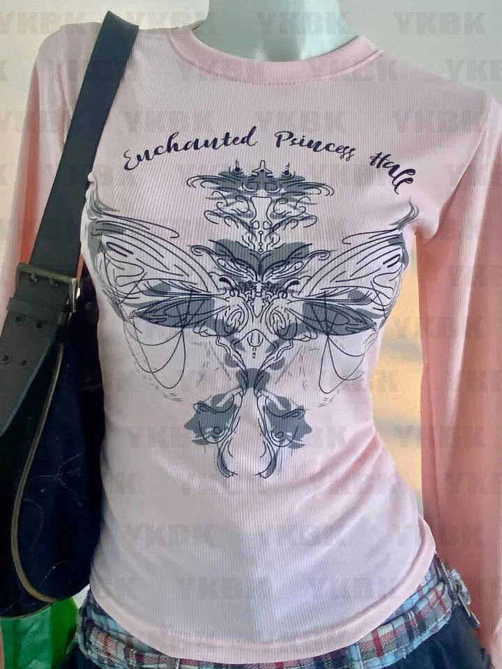 

Kimutomo T Shirts Women Vintage Printing Long Sleeve Autumn Sexy Sweet Slim Y2k Harajuku Tops Female Tee Shirt Female Casual