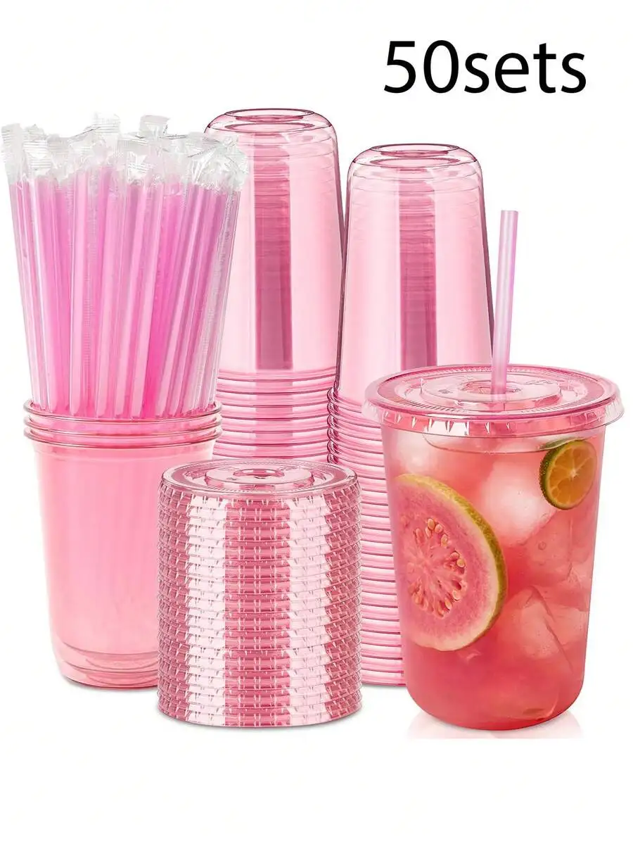 20/50 Sets 16oz Plastic Cups With Lids, Round Bottom Straw Cups, Halloween Party Wedding Event Ice Coffee Drinkware