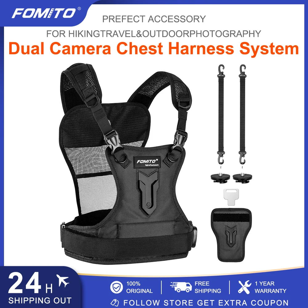 FOMITO Dual Camera Harness Multi Carrying Chest Vest System with Side Holster for Canon Nikon Sony Olympus DSLR Camera