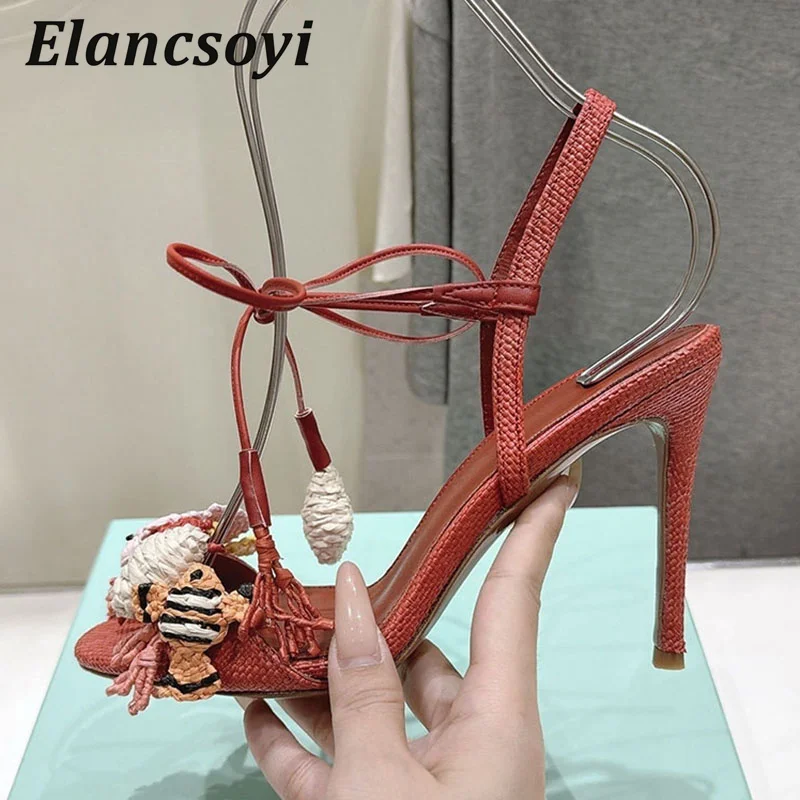 sandals women woven fish accessories slim high heels exposed toes ankle straps sandals summer fashion party dresses base shoes