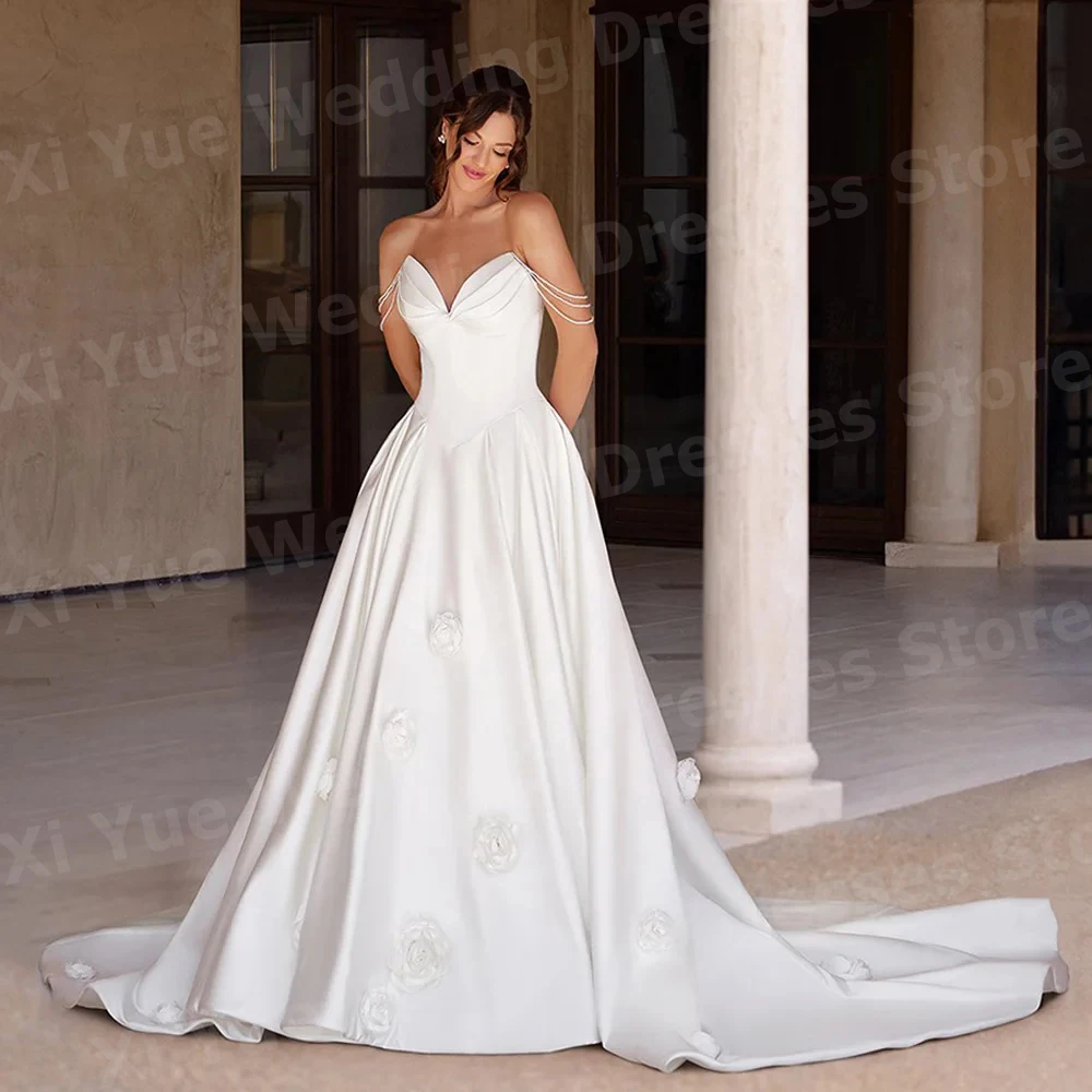 

Элегантные женские свадебные платья трапециевидной формы с открытыми плечами и цветами, халат De Mariage, платья невесты по индивидуальному заказу, без рукавов, с открытой спиной, Vestido