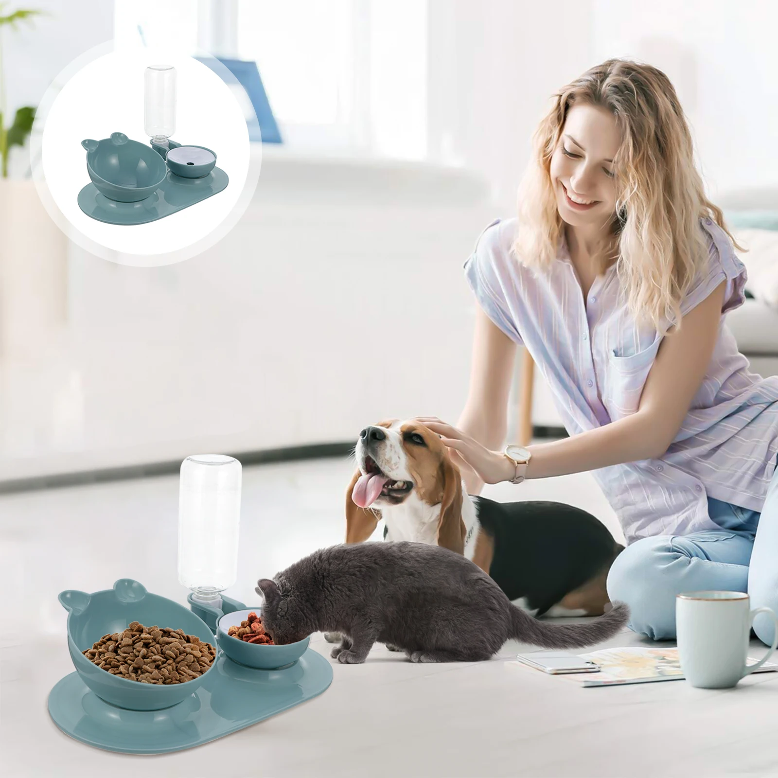 

Plastic Base Cat Water Food Bowl 500ml Gravity Dispenser Easy Clean Raised Pet Feeder Durable Safe Anti Tip Design Pet Supplies