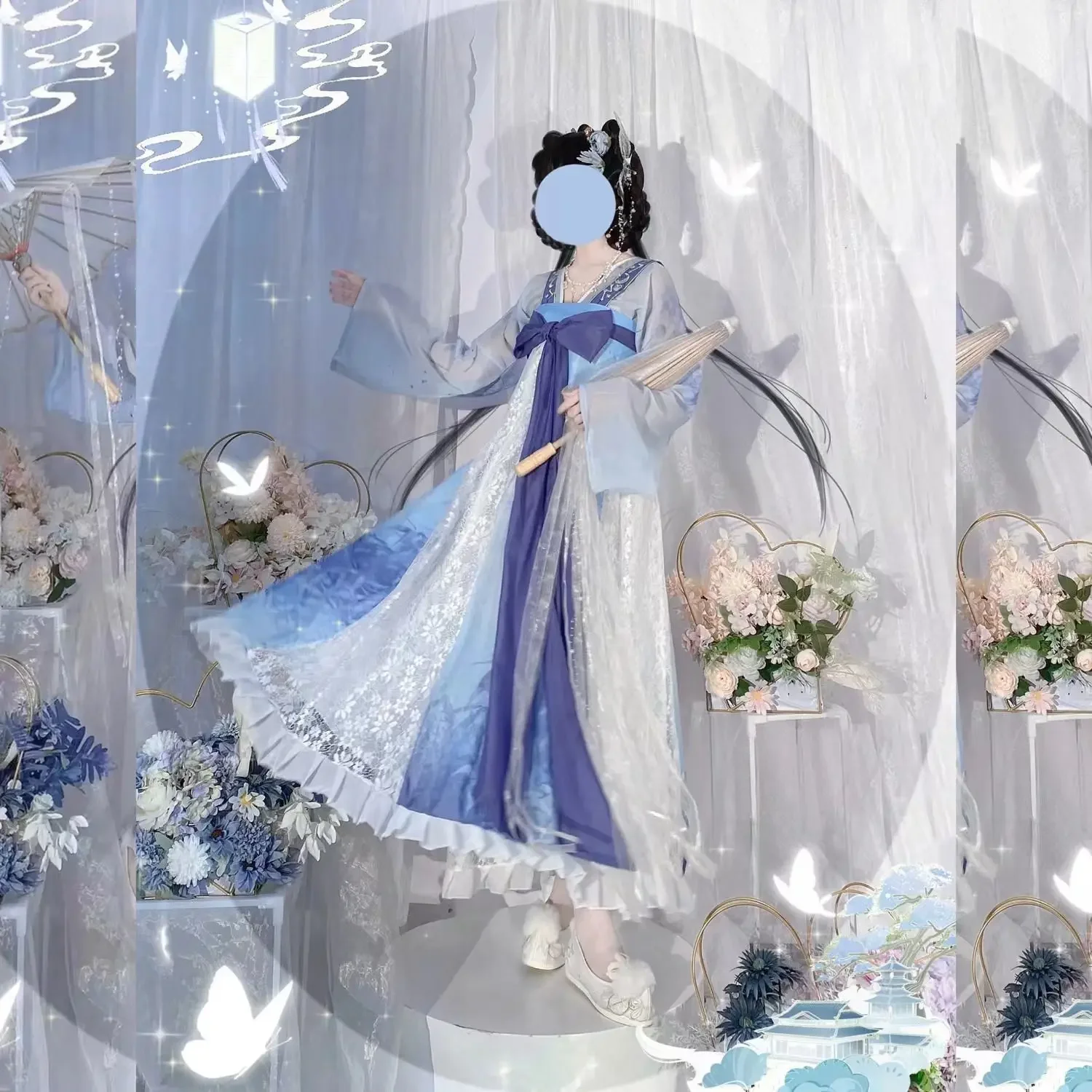 

Summer Sweet Blue Big Bow Printed Lace Hanfu Top Dress Suit Traditional Chinese Clothing for Women Kawaii Fairy Party Dresses