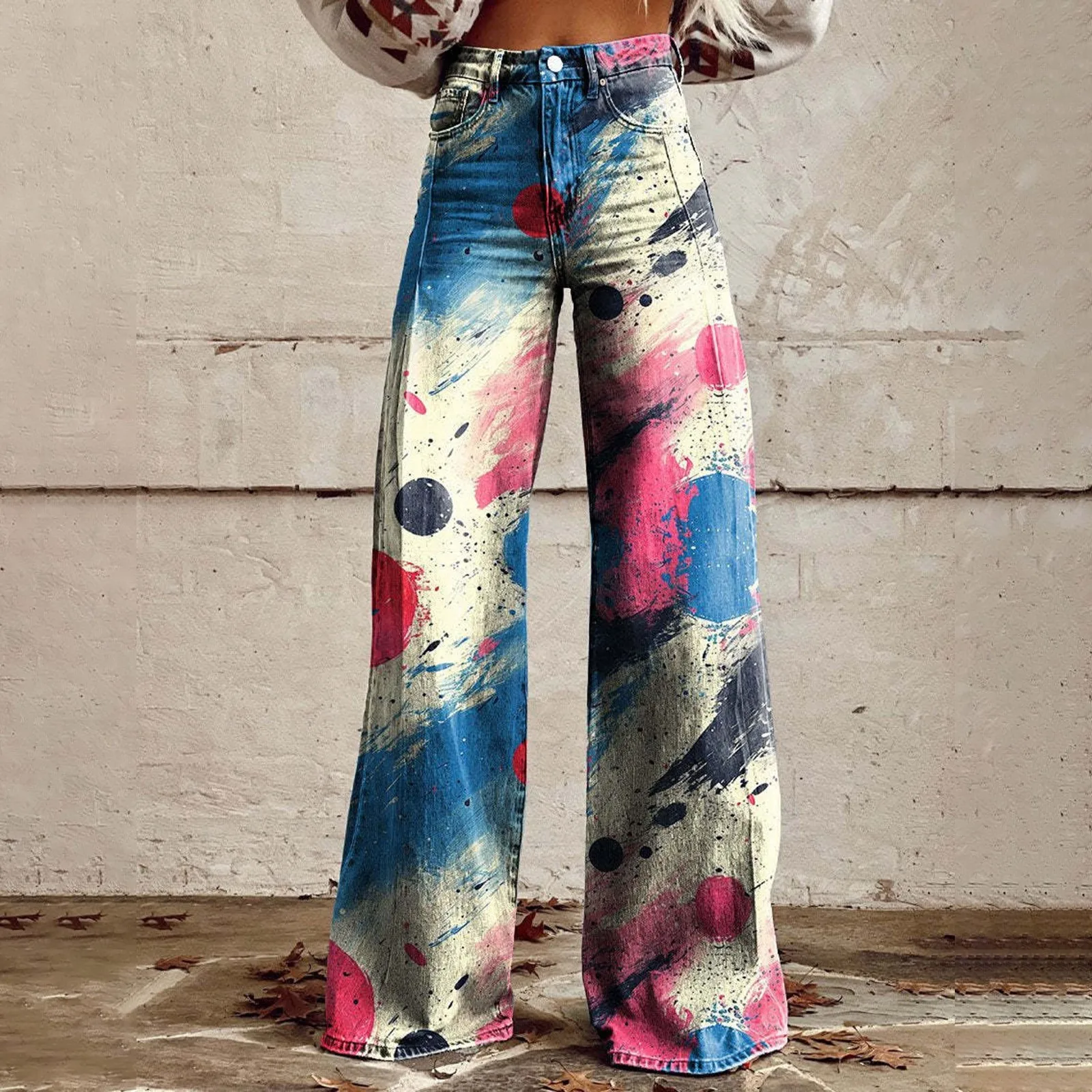 Vintage Printed Women Pants Autumn Trousers Casual Wide Leg Pants Vintage Boho High Waist Flare Pants Long Pantalones