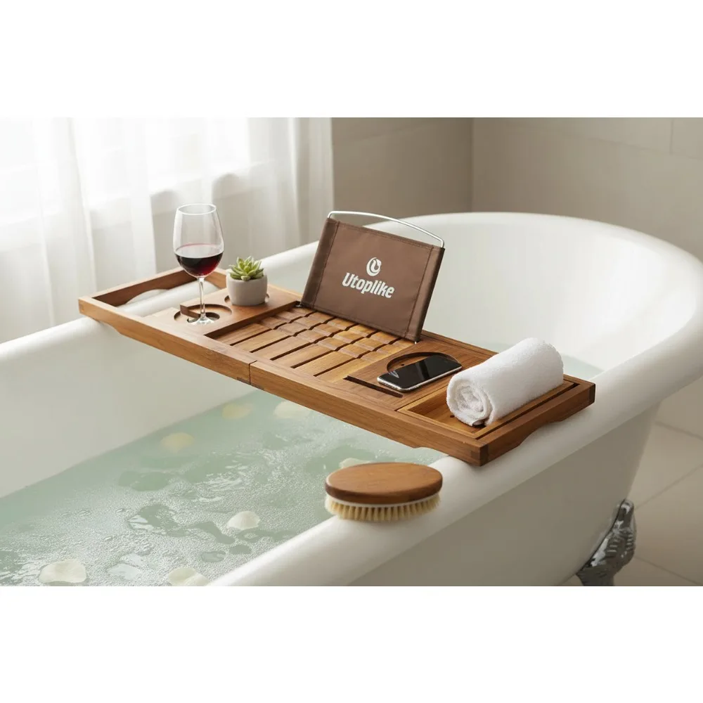 Adjustable Teak Bathtub Caddy Tray with Book Tablet Wine Glass Holder, Luxury Bath Organizer for Relaxation Gifts