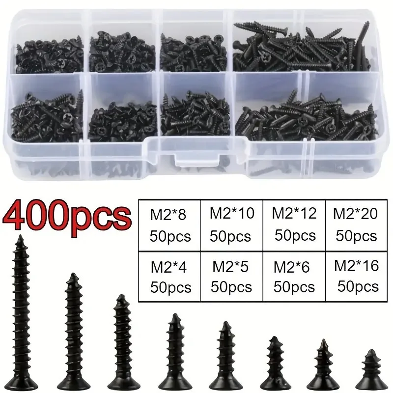 400pcs Self-tapping Wood Screws Set, M2 Cross Pan Head Steel Plate Screws, Self-tapping Screws Mixed Tool Kit