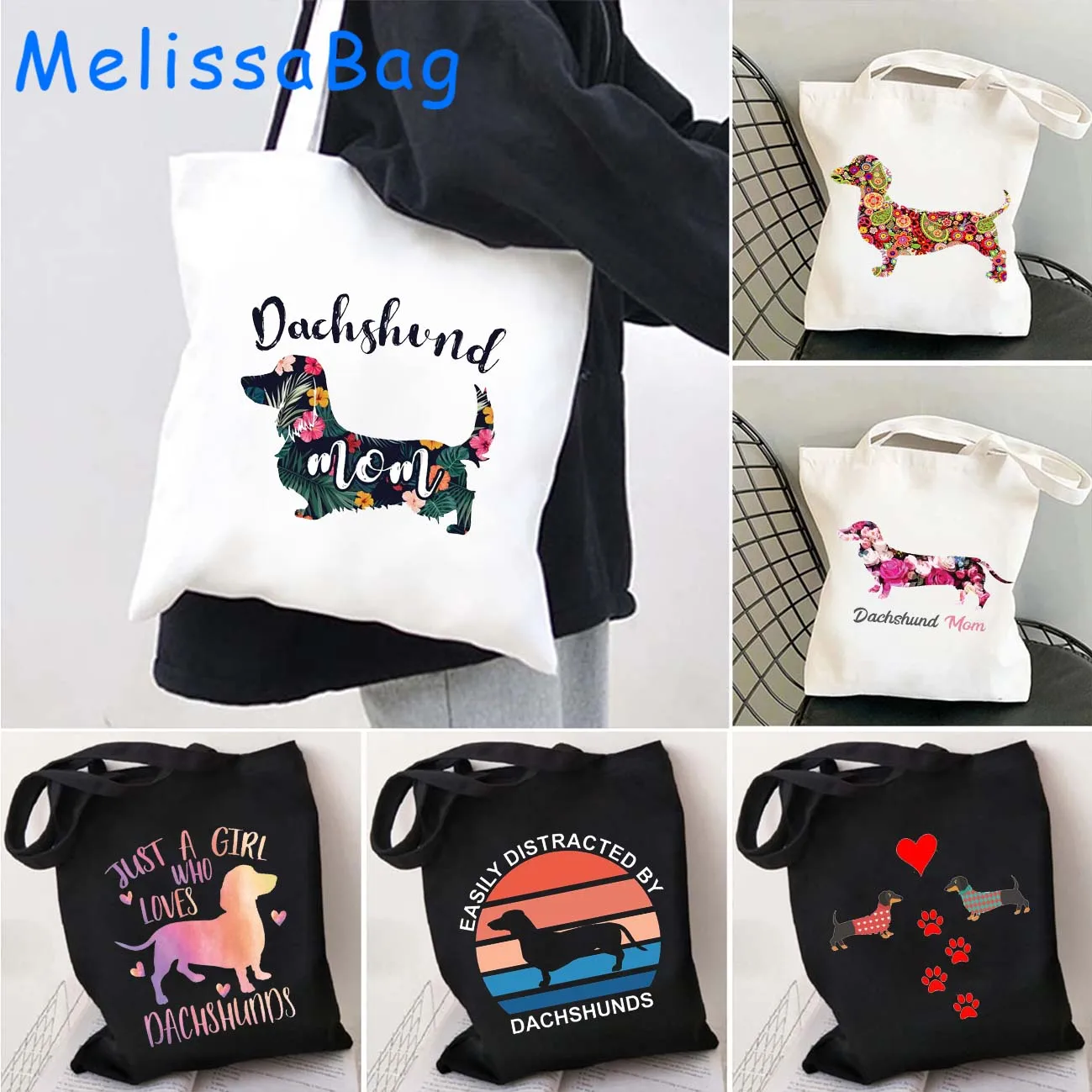 Cute Dachshund Puppy Dog Mom Floral Silhouette Funny Cartoon Hippie Dog Lover Heart Gift Canvas Shoulder Tote Bag Cotton Handbag