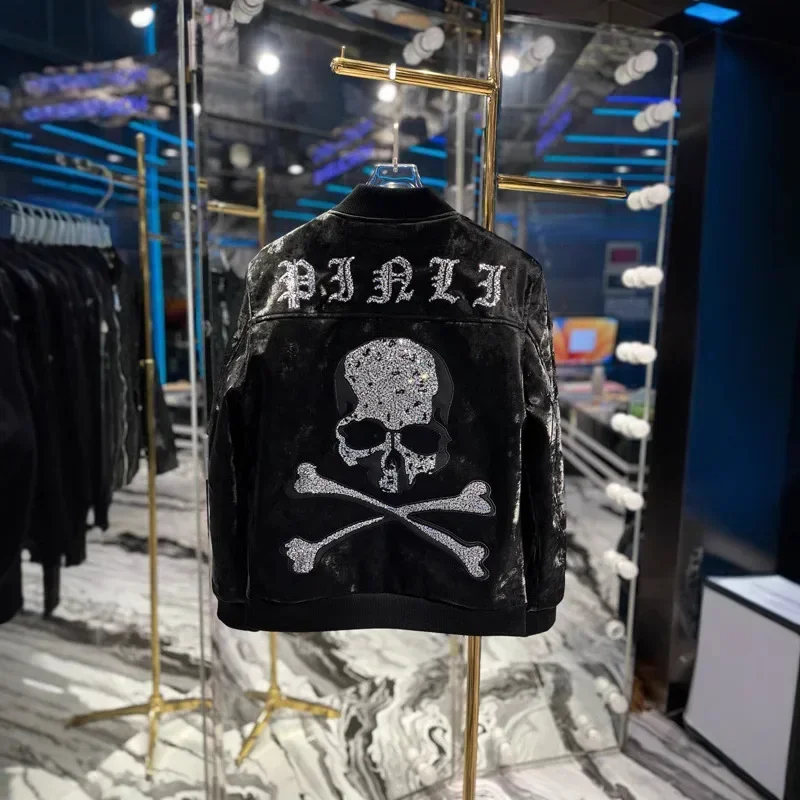 Black Metal Skull Rhinestones PU Leather Jacket Men High Street Streetwear Mens Jackets and Coats Chaqueta Мотоциклетная Куртка