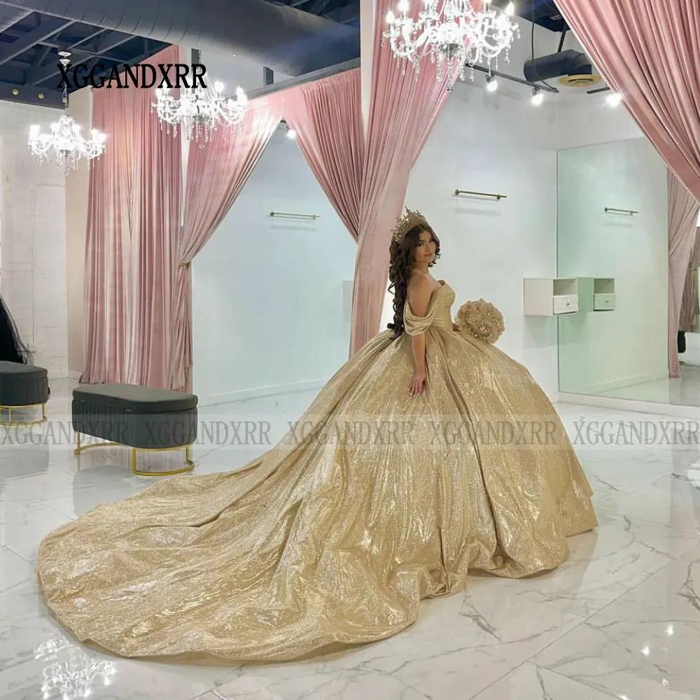 Luxury Gold Gown Party Dress 2024 Off Shoulder Quinceanera Dress Princess Birthday Party Prom Sweet 16 Vestido De XV Años