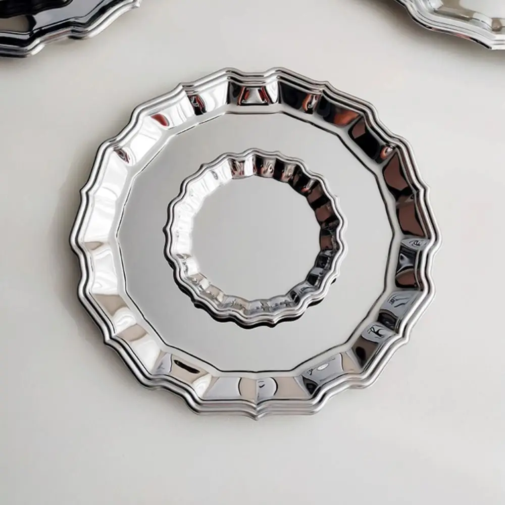 

New Stainless Steel Cake Tray Round Silver Jewelry Storage Plate Luxury Mirror Surface Dessert Plate Home Decoration