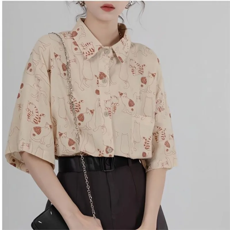 XEJ Kawaii Shirt Cat Printed Shirt Korean Style Chic Women Blouse Hawaiian Women\'s Summer Blouse Oversized Shirt