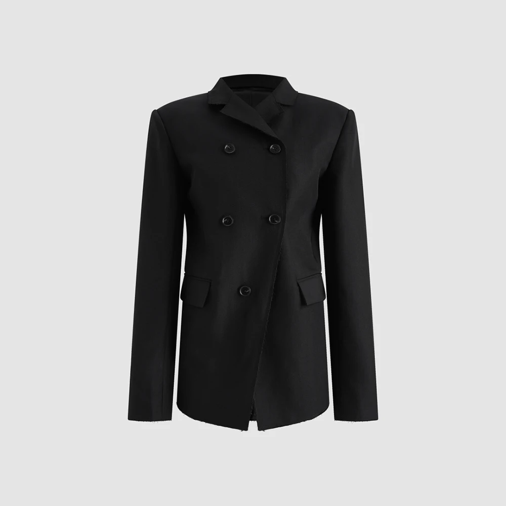 Ladies Double Breasted Blazer Irregular Notch Collar Raw Hem Suit Jacket Long Sleeve Minimalist Office Commuter Outer Coat