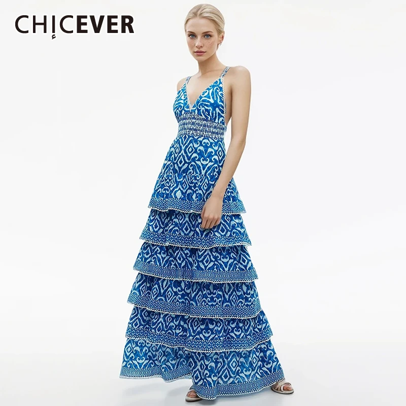 

CHICEVER Sexy Floral Printing Dress For Women Strapless Sleeveless Tunic Spliced Tierred Colorblock Formal Dresses Female Summer