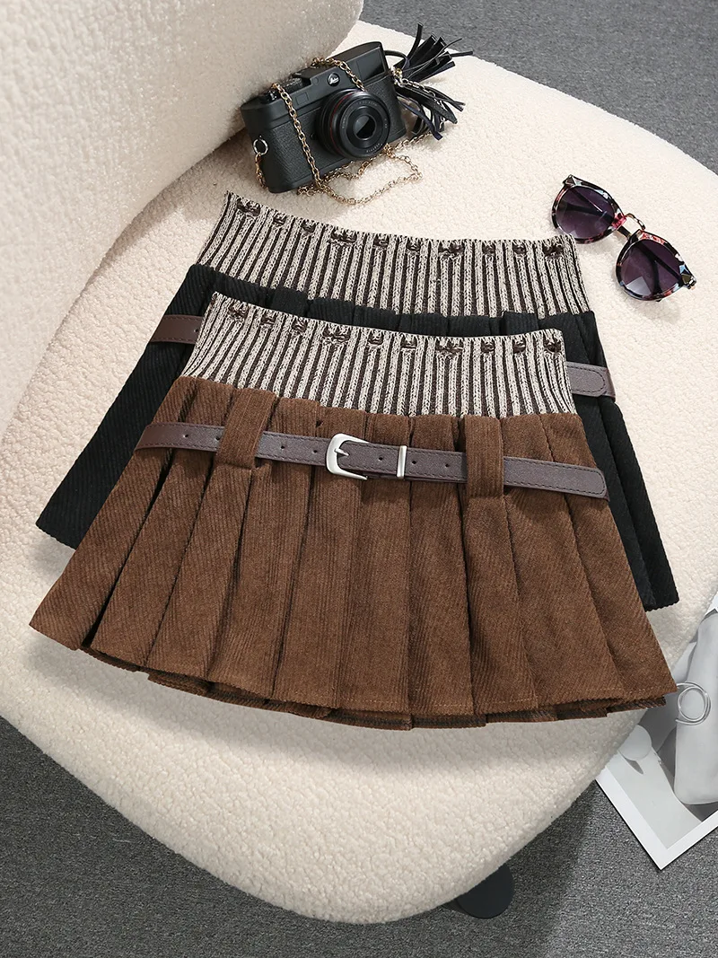 

Retro Cooffe Brown Corduroy Pleated Mini Skirt For Women Winter Elastic High Waist Knitted Spliced Short Skirt A-line Harajuku