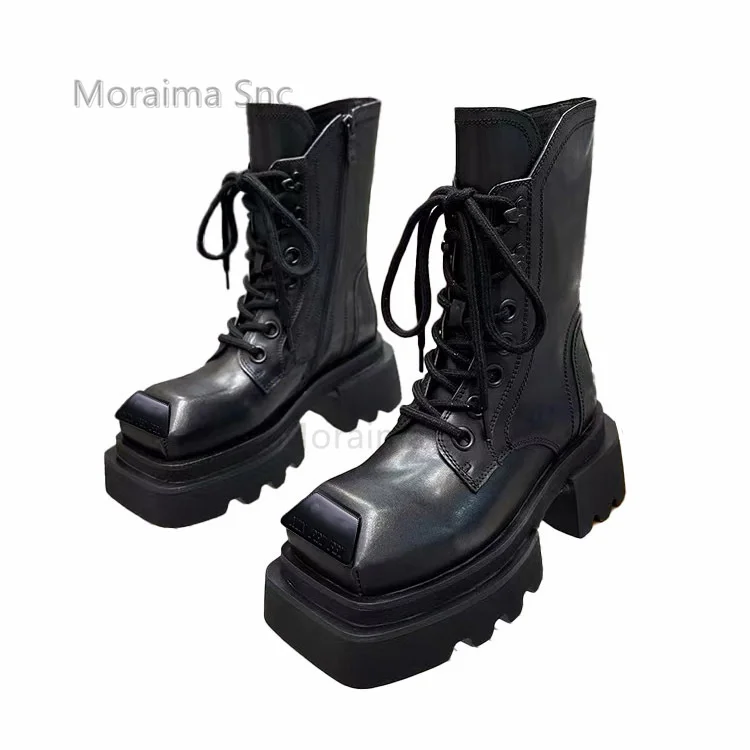 

Square Toe Motorcycle Boots for Women British Style Leather Shoes High Top Thick Bottom Lace Up Ankle Boots Men Shoes Autumn