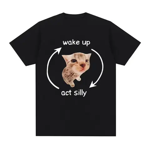Women Casual Loose T Shirts Wake Up Act Silly Meme Graphic T Shirt Funny Cute Cat Print Short Sleeve T-shirt