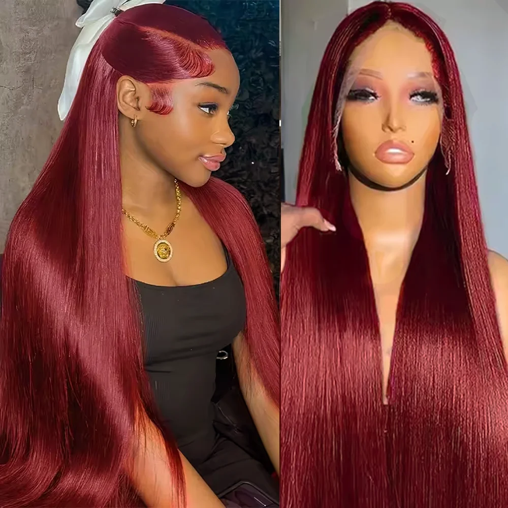 

200 Density 13x6 HD Transparent 99j Straight 36 Inches Lace Front Human Hair Wigs Brazilian Frontal Wigs For Women Pre Plucked