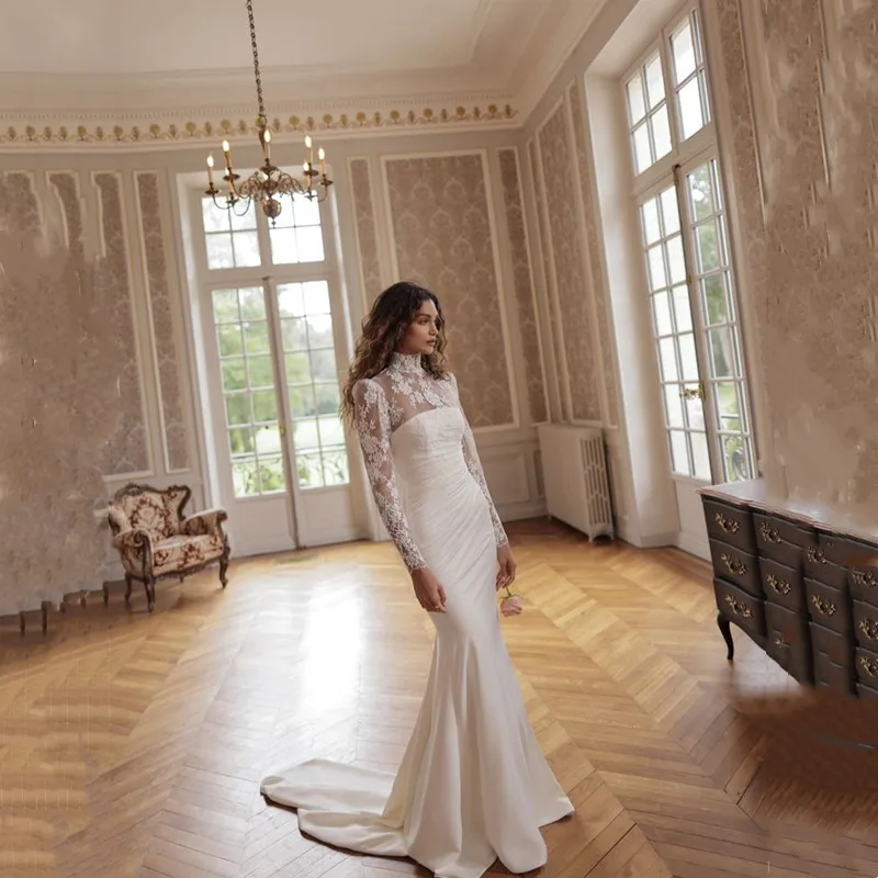 

Elegant Mermaid Lace Appliques Wedding Dress Modern High Neck Long Sleeves Illusion Backless Bride Gown Court Train Customized