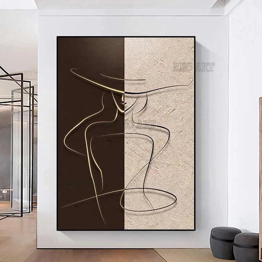 

Large Size Hotel Decor Sexy Lady Abstract Gold Line Oil Painting Picture Art Wall Canvas Poster Artwork For Bedroom Show