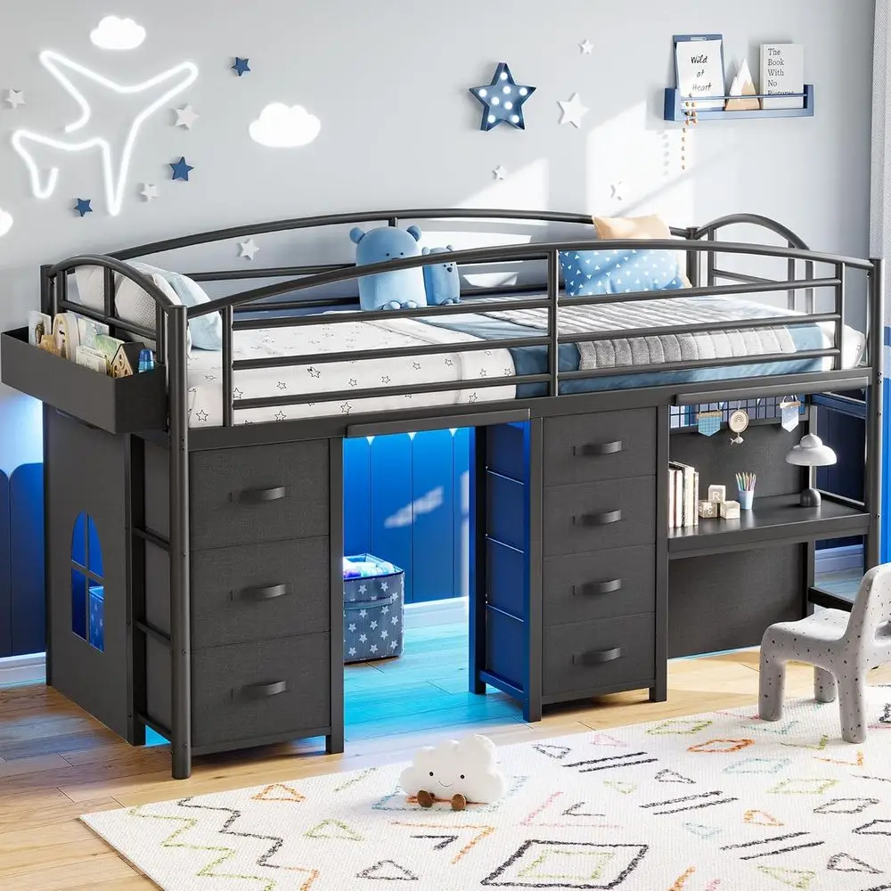 

Двухъярусная кровать Twin Size с 7 ящиками, столом, светодиодной подсветкой, защитным ограждением, противоударной накладкой, игровой занавеской и игровой зоной под кроватью