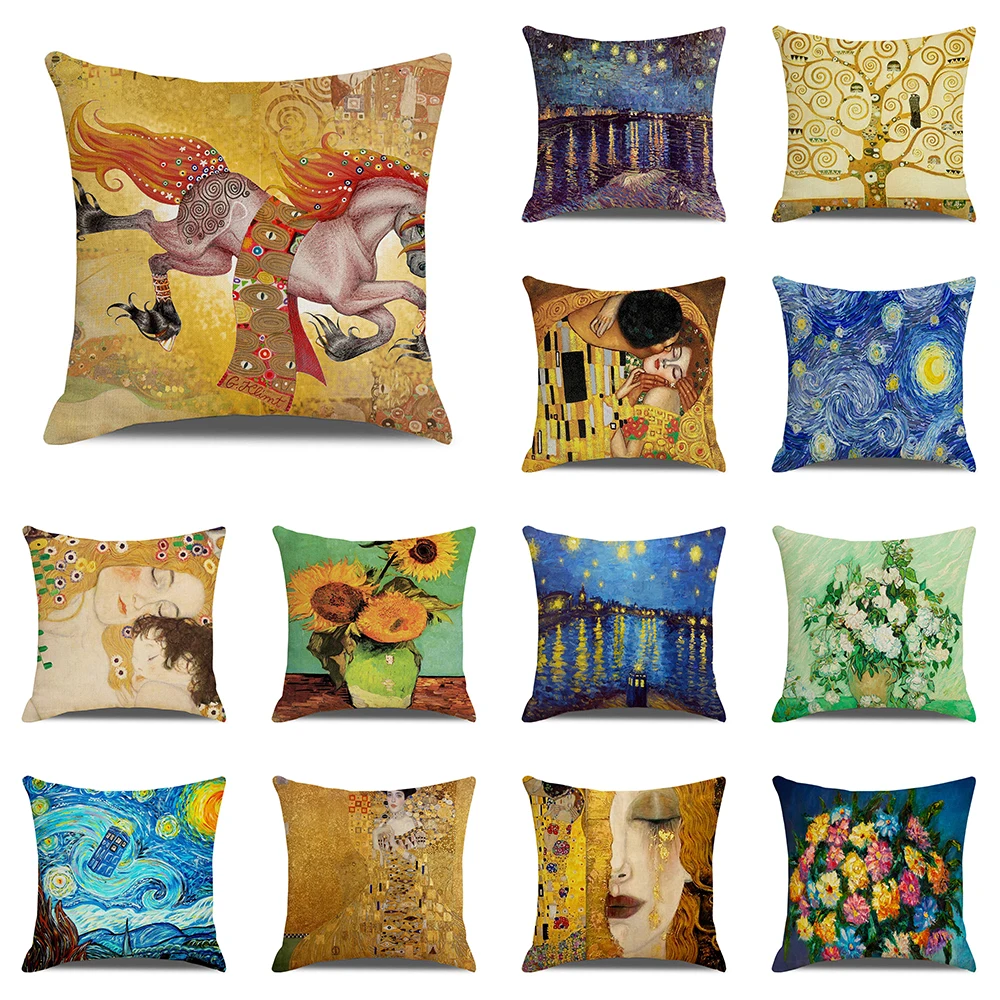 Vintage Art Van Gogh Oil Painting Printing Pattern Cushion Cover for Home Living Room Sofa Decoration Pillow