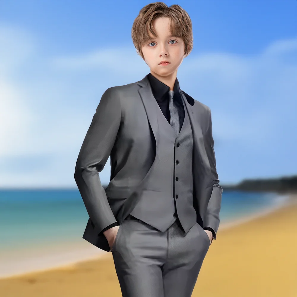 

Formal Boys Suit 3 Piece Set Dark Grey Jacket Pants Vest Wedding Kids Tuxedo Party Gathering Dress Customized Blazer Boys