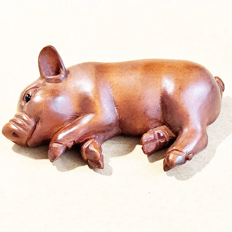 Y8735 - Lovely 2 Inches Hand carved Boxwood Netsuke Figurine - Sleeping Pig Signed
