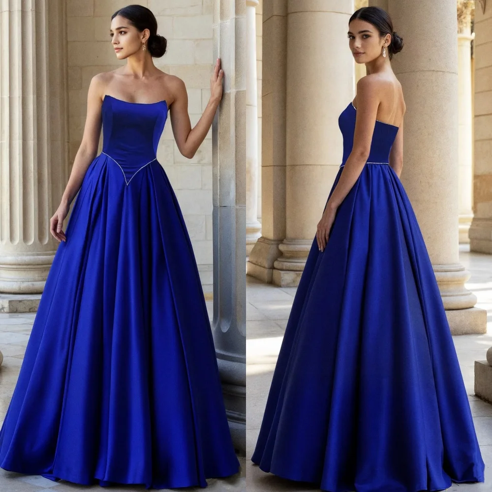 

Customized Elegant Fashion Jersey Rhinestone Pleat A-line Strapless Long Dresses Evening Dresses Sizes Available Modern Style