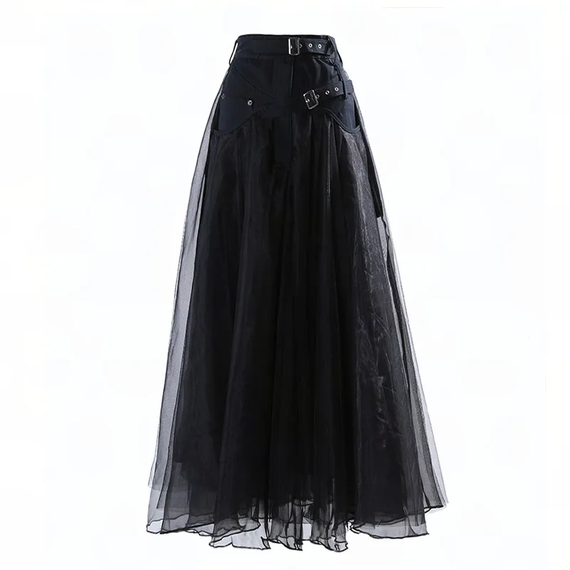 

Women's Dark Cool Style Niche Denim Splicing Mesh Skirts Sping and Autumn High Waist All-match Slimming Tutu Mid-length Skirt