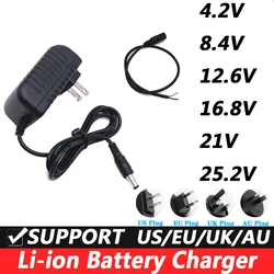 Cargador de iones de litio AC 110-240V DC 4,2 V 8,4 V 12,6 V 16,8 V 21V 25,2 V 1A 2A para batería de litio 18650 Dc 5521 Cable hembra