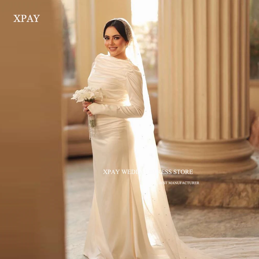 XPAY Modest Mermaid Dubai Arabic Women Wedding Dresses Long Sleeves O-Neck Pleats Sweep Train Bridal Gowns With Long Veil