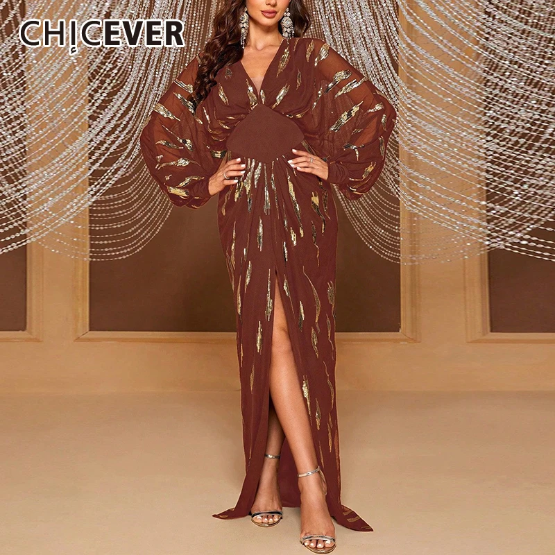 

CHICEVER Bohemian Tunic Dress For Women V Neck Batwing Sleeve High Waist Printing Luxury Banquet Dresses Female Autumn Clothing