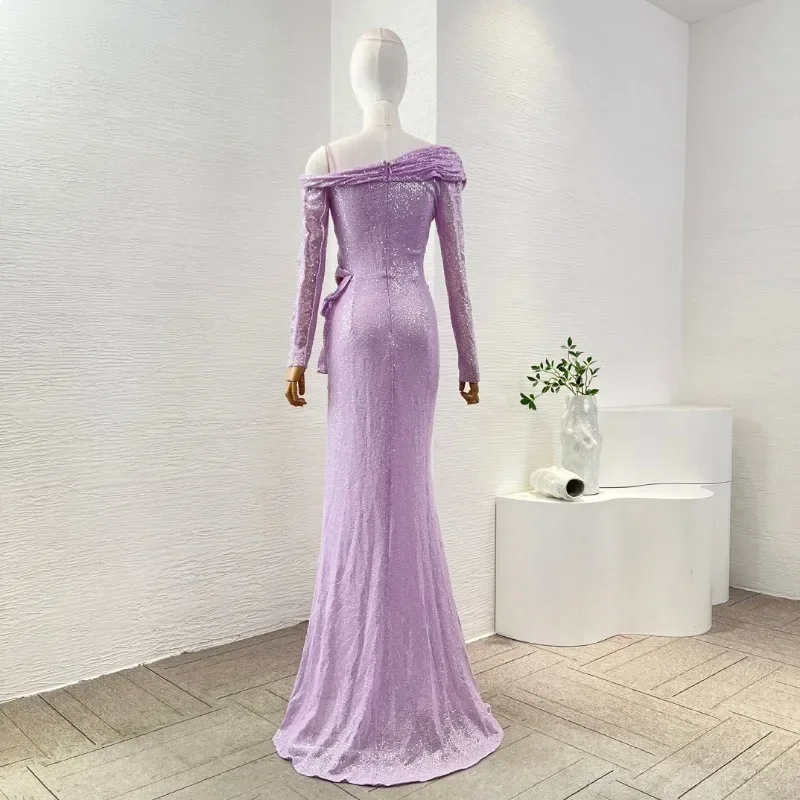 Purple Violet Sequined Lace  Long Sleeve Off The Shoulden Appliqued Floor Length Long Maxi Heavy Dresses for Party