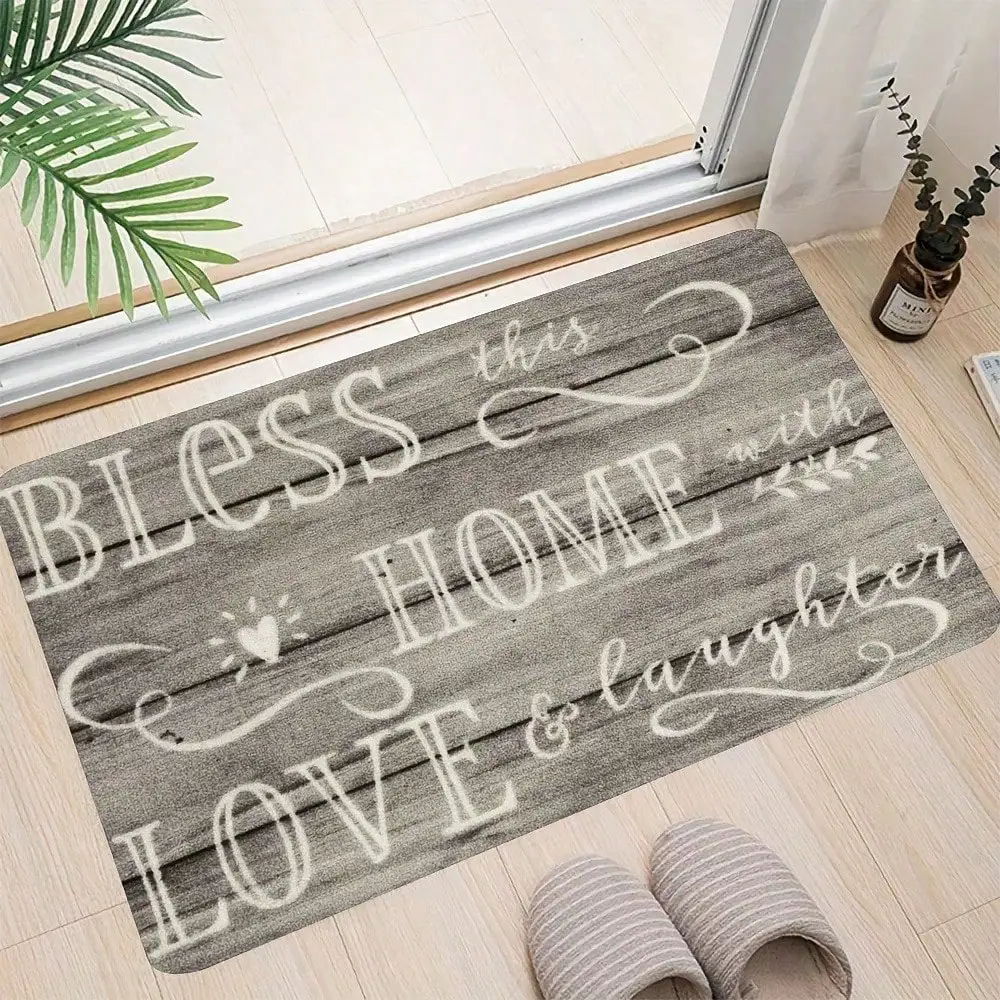 

1pc Farmhouse Doormat Bless This Home Welcome Mat Non-Slip Absorbent Bathroom Rug Rustic Wood Print Inspirational Quote Mat