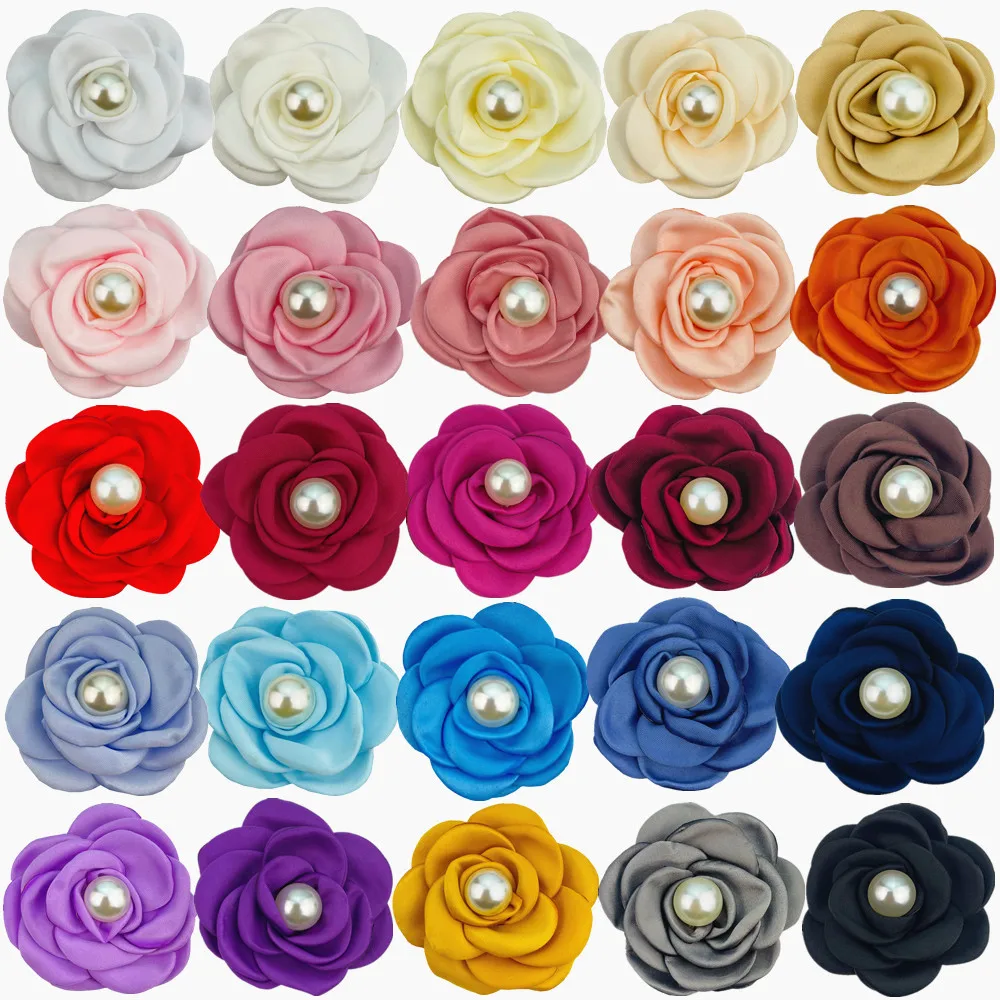 

300pcs Wholesale 6cm Satin Burnt Edge Camellia Pearl Flower Core Headwear Shoe Hat,bag, Handmade Baked Edge Cor