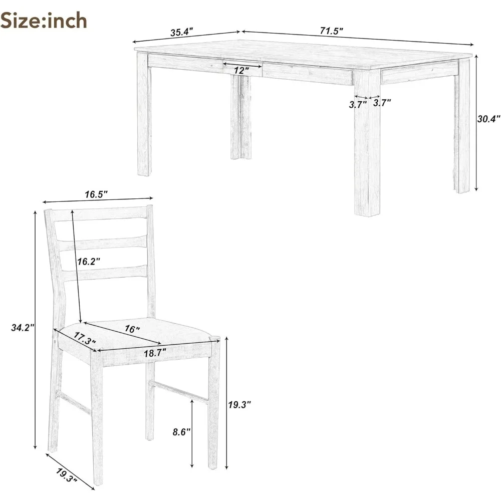 71.5 Inch Dining Table Set for 6, 7-Piece Wooden Extendable Table with 12