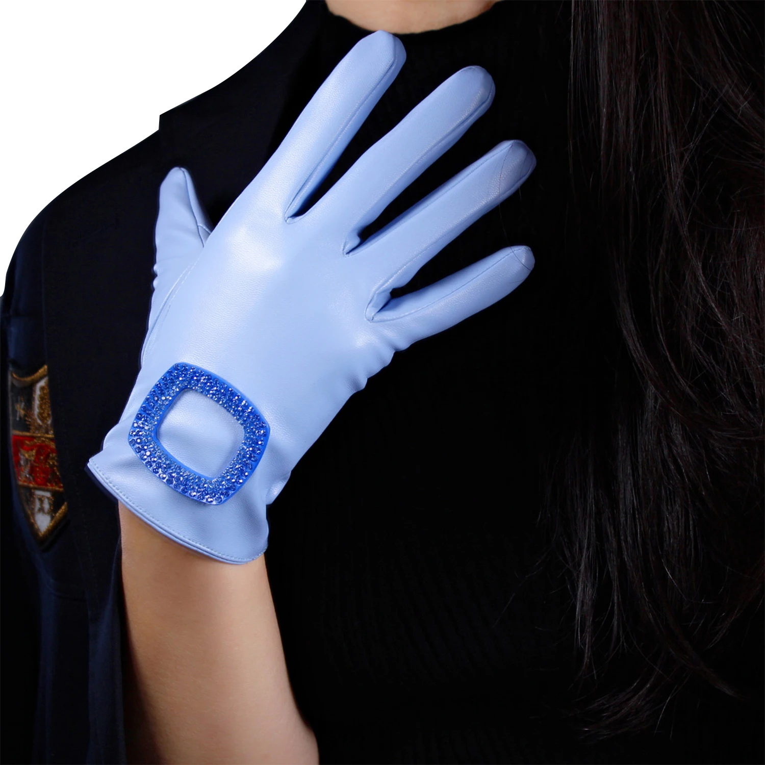 

DooWay Women's Short Gloves Rhinestone Buckle Baby Blue Faux Leather Wrist Long Dressing Christmas Evening Fashion Cosplay Glove