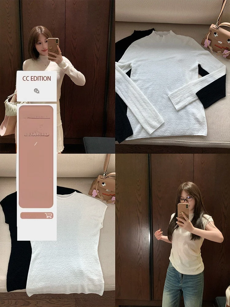 

Special Weave Yangzi Yarn 60-Strand Camere Knitwear Base Layer Sweater Bla White Autumn Winter Inner Wear Casual Sle Wo...