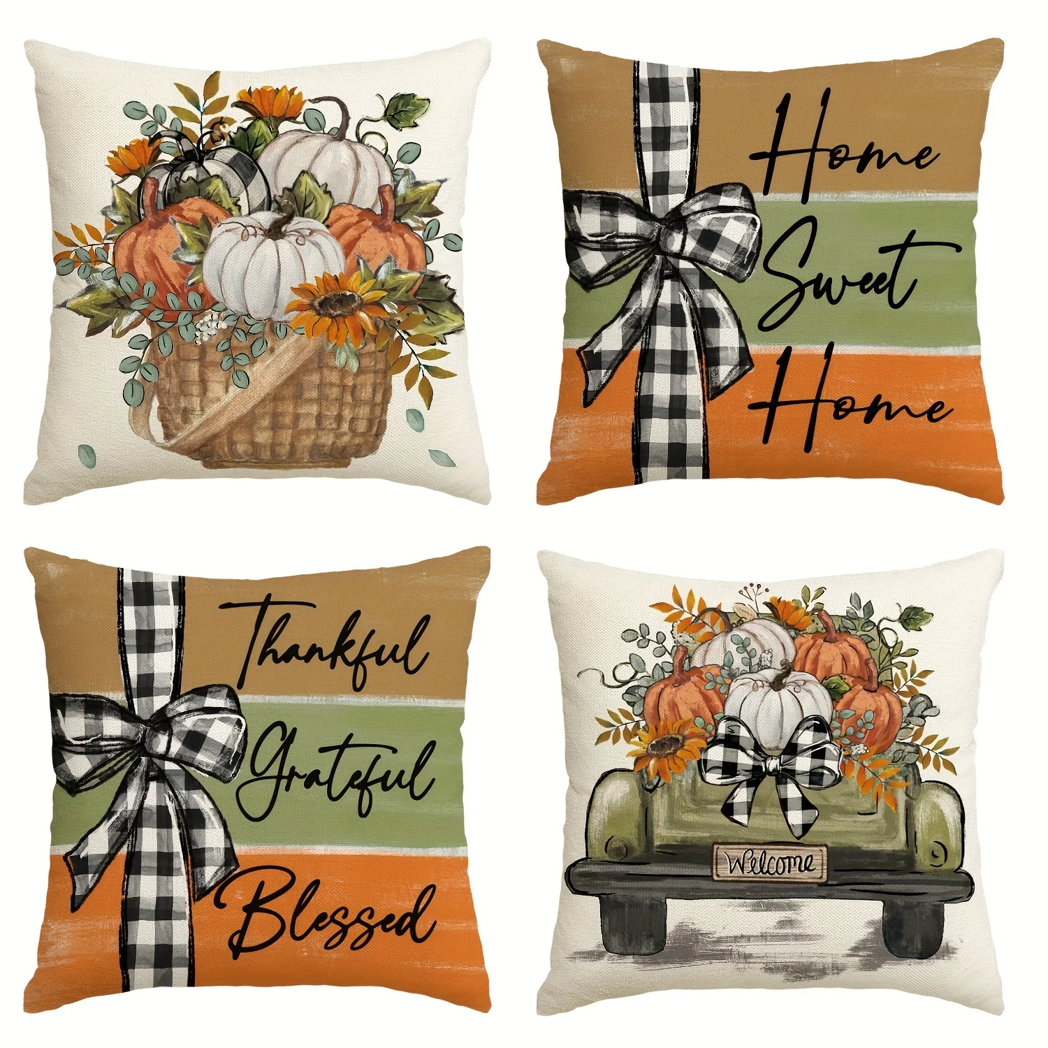 

4Pcs 45x45cm Fall Pumpkin Truck Sunflowers Throw Pillow Covers Autumn Thankful Grateful Blessed Harvest Floral Home Decoration