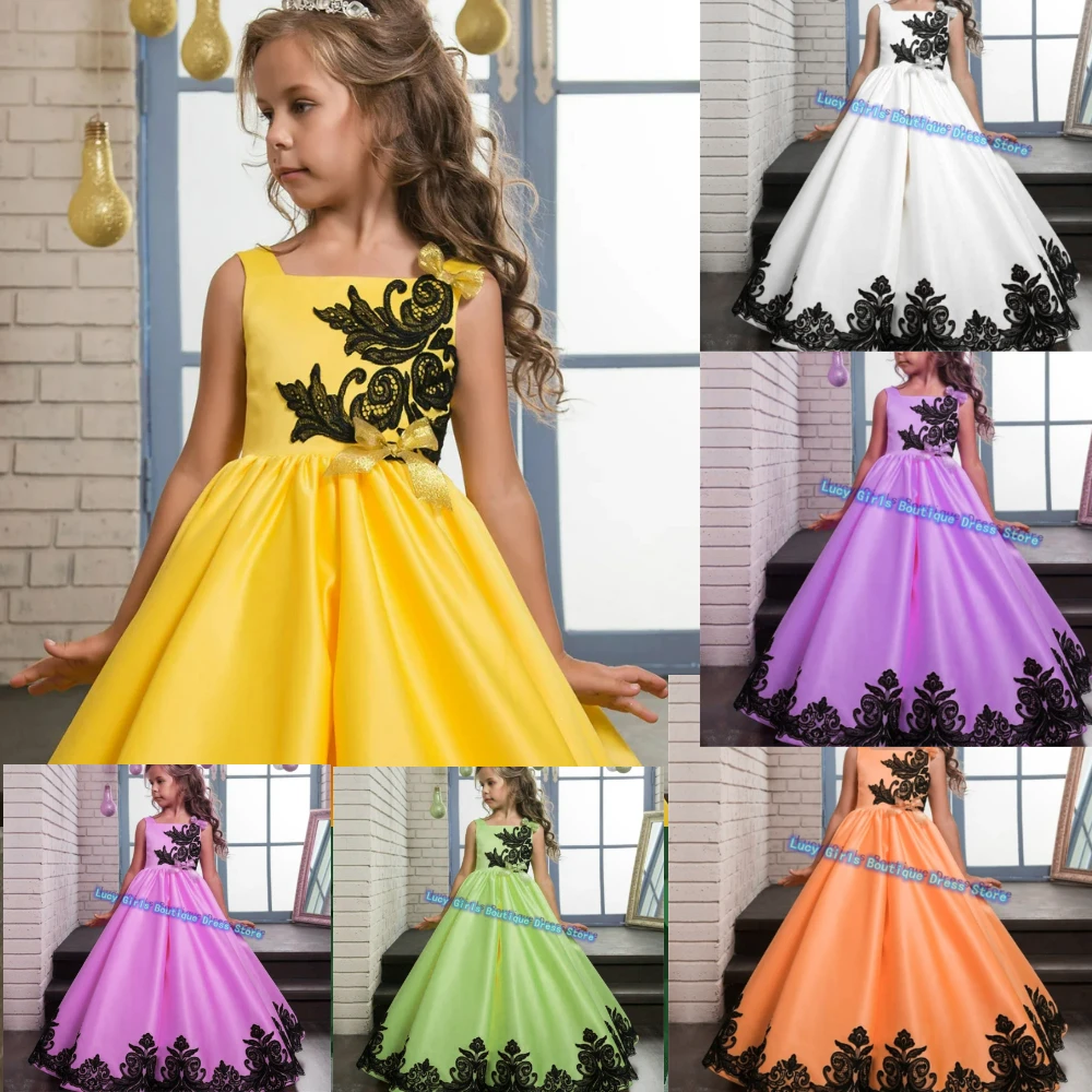 

Elegant Satin Flower Girl Dress Sleeveless Wedding Dresses First Communion Black Printing Little Princess Bow Bridesmaid Gowns