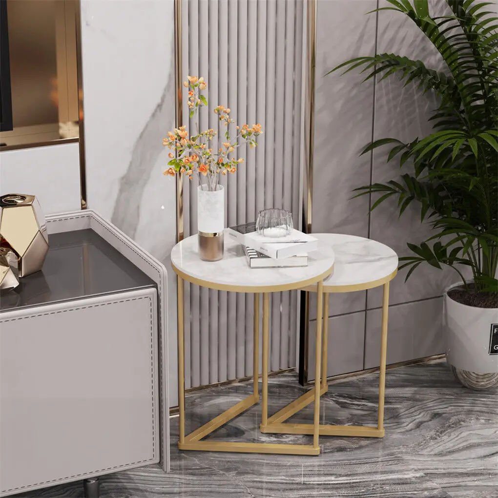 LUVODI Set of 2 Nesting Coffee Side Table, Round Sintered Stone Top & Metal Frame Modern Accent End Table for Living Room