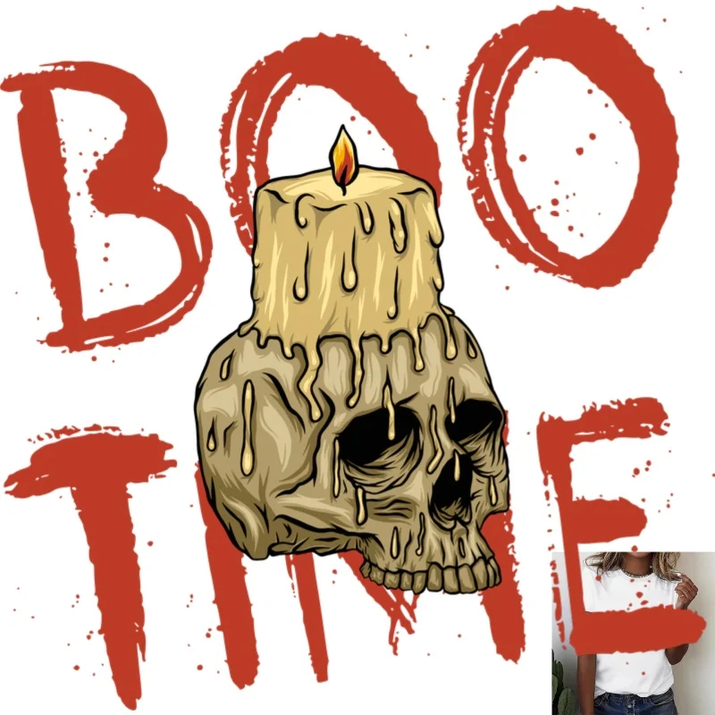 Halloween BOO TIME Skull Candle Heat Transfer White Ink Iron - on Patch, Trendy & Stylish, for T - shirts, Canvas Bags, Casual